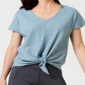 Pact organic sustainably made tie front top. Blue faded teal color. Large.